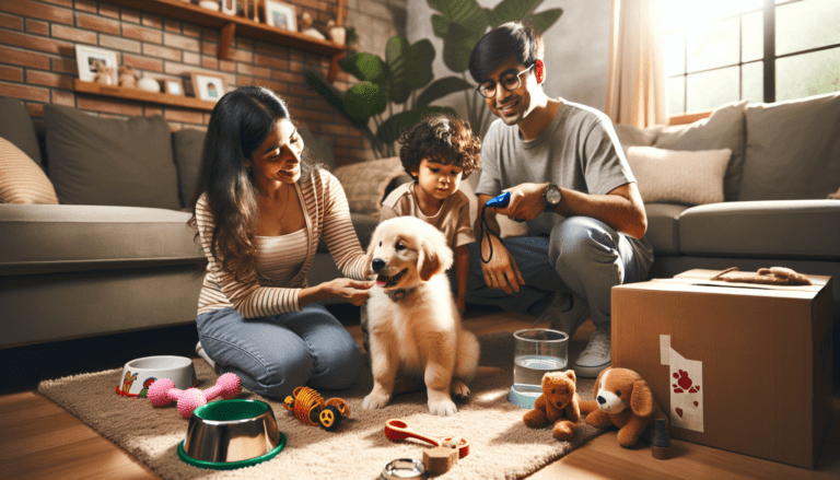 A happy, well-groomed dog sitting with its owner in a cozy home, illustrating the bond and care involved in responsible dog ownership