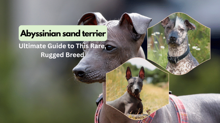 Abyssinian Sand Terrier standing outdoors, showing its hairless coat and alert posture.